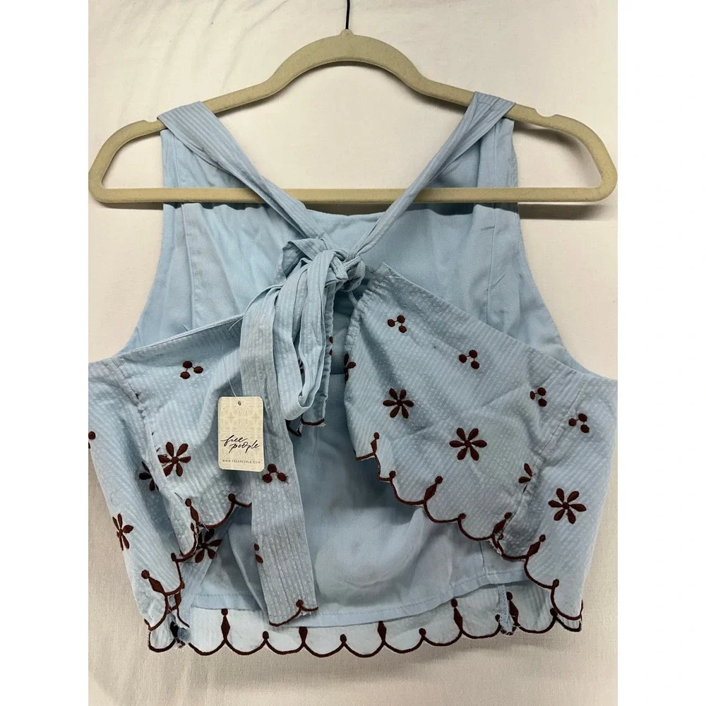 Free People Celestial Blue Seersucker Embroidered Tie Back Crop Top L - Picture 2 of 10
